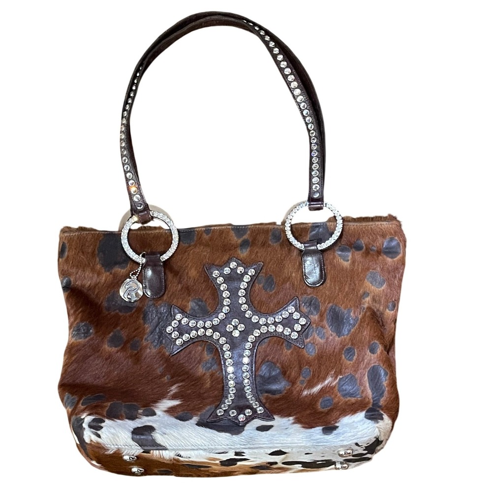 Raviani Cowhide Hair On Hide Tote Bag Studded Cross Rhinestone Handbag  Purse
